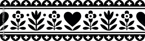 Charming folk art border with hearts and flowers in a repeating pattern.