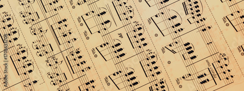 Vintage sheet music notation manuscript with staff lines and gently moving musical notes. This retro, grunge styled motion background is a seamless loop.