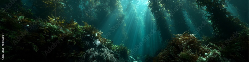 Obraz premium Underwater kelp forest exploration ocean depths hdri panoramic view sunrays breaking through water