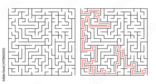 Maze design with solution path in red for puzzle enthusiasts  
