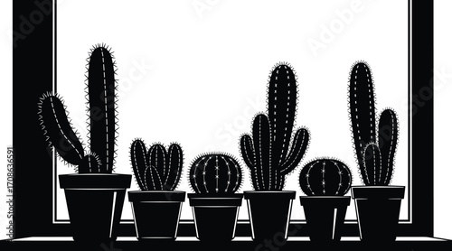 Black silhouette of potted cacti lined up on a windowsill against a white background cactus succulent