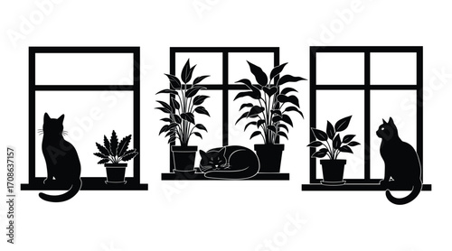 Black silhouette of three windows with potted plants and cats one sleeping cat silhouette sleeping cat