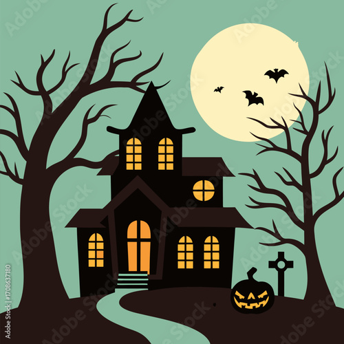 Spooky Haunted House Halloween Scene in a Flat Retro Style — Vector Illustration with Full Moon and Bats