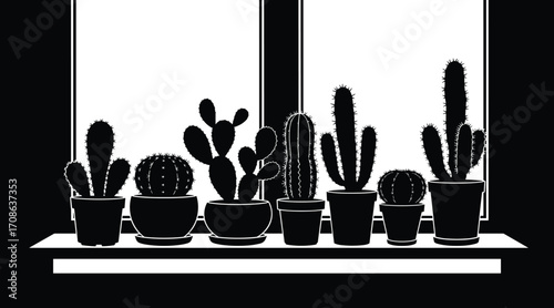 Black silhouette of various potted cacti lined up on a white shelf against a window cactus succulent