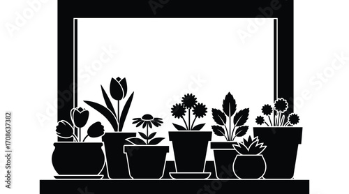 Black silhouette of various potted plants against a white background within a frame flowers tulips