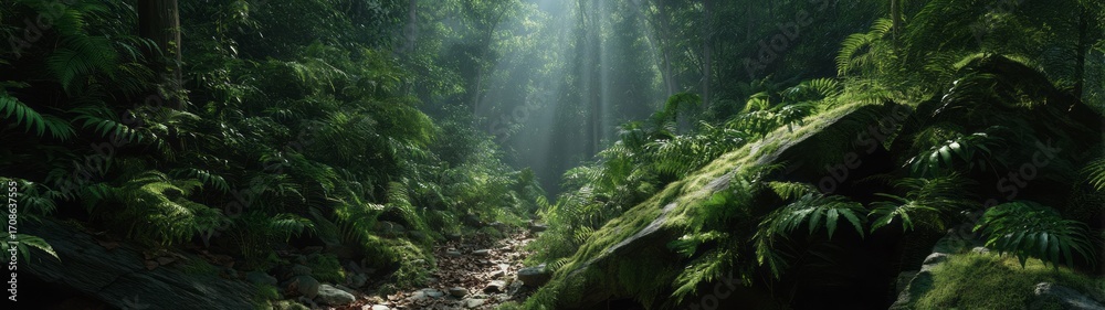 Fototapeta premium Lush jungle with light beams tropical forest hdri panoramic landscape serene environment nature viewpoint