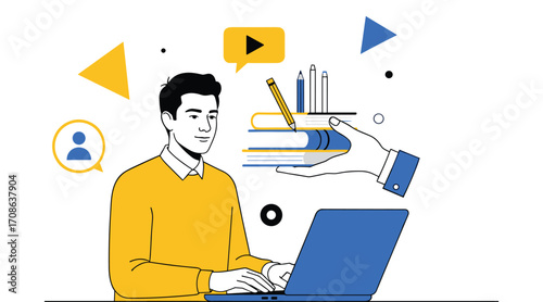 Man at laptop receiving books and pencils from a hand with play button icon and user icon computer learning