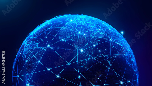 Digital glowing blue earth globe with global network connections representing technology and communication