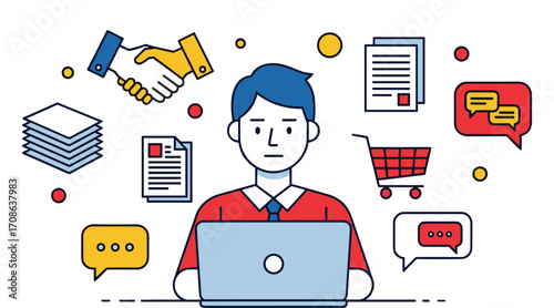 Man at laptop with business icons handshake shopping cart documents and chat bubbles computer