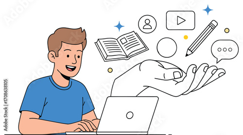 Man at laptop with floating icons of learning and communication computer education