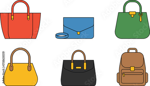 Collection of stylish handbags and a backpack in various vibrant colors
