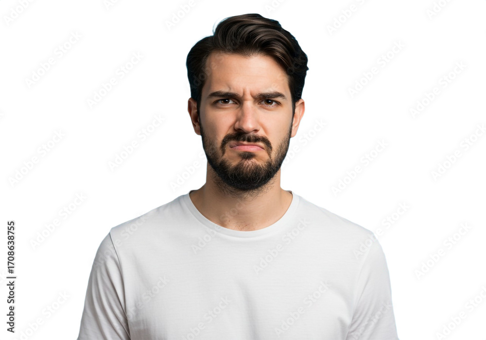 Fototapeta premium Frustrated man expressing skepticism and doubt with a strong frown on a white background