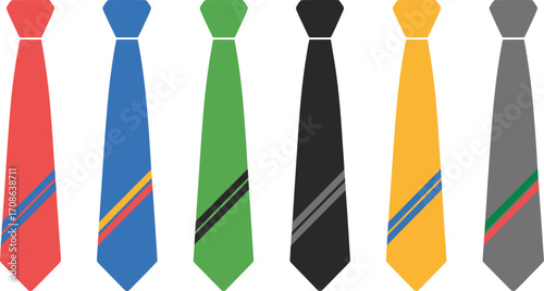 Collection of colorful neckties arranged in a row on a white background
