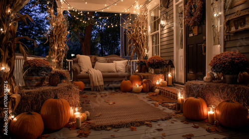 A cozy autumn porch at twilight, adorned with pumpkins, hay bales, corn stalks, and string lights, creating a festive fall display.