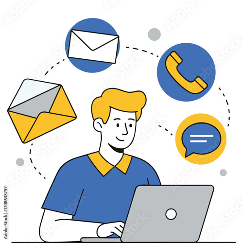 Person using laptop with communication icons email phone chat bubbles technology computer