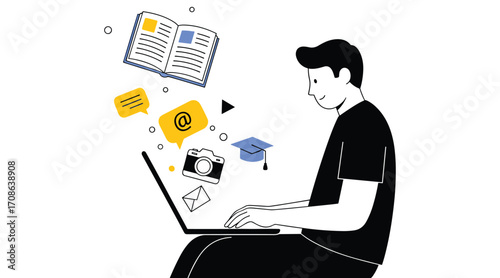 Person using laptop with icons for education communication photography and media computer technology