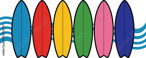 Colorful surfboards lined up with playful waves