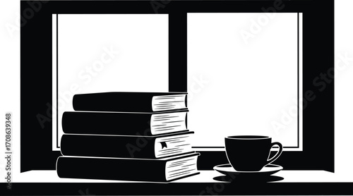 Stack of four black books with a bookmark next to a black coffee cup and saucer on a windowsill with a window in the background