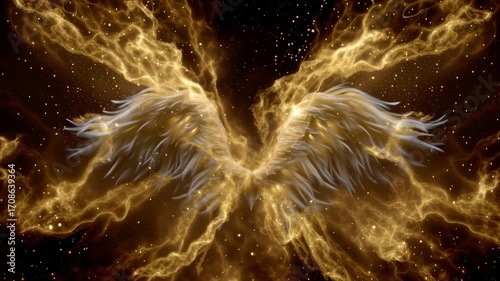 Majestic Golden Angel Wings Surrounded by Cosmic Light and Ethereal Particles