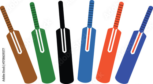 Vibrant collection of colorful cricket bats arranged in a playful, sporty display