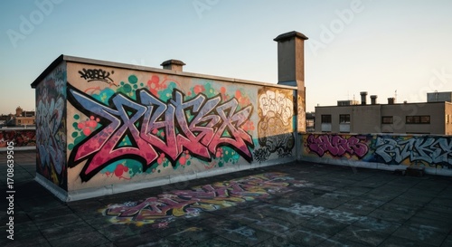 Rooftop with vibrant graffiti art, pale beige walls, and a light pastel sky
