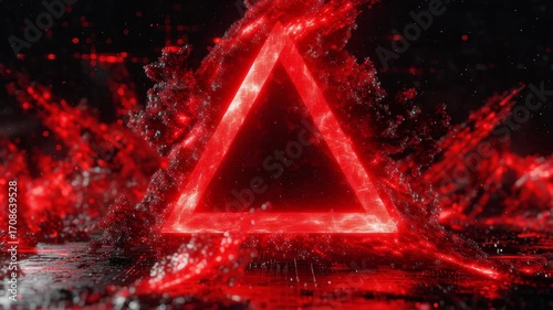 Stunning 3D Visualization of Glowing Red Triangle Amidst Dynamic Liquid Elements and Vibrant Particle Effects