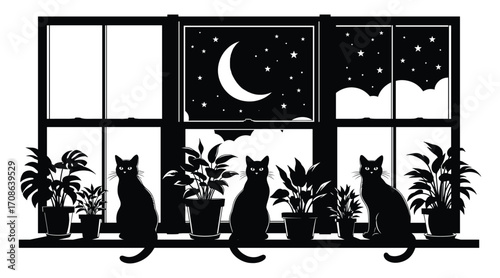 Three black cats sit on a windowsill with potted plants in front of a night sky window silhouette