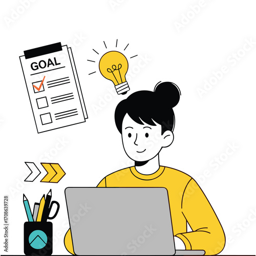 Woman at laptop with goal list and lightbulb idea symbol computer checklist