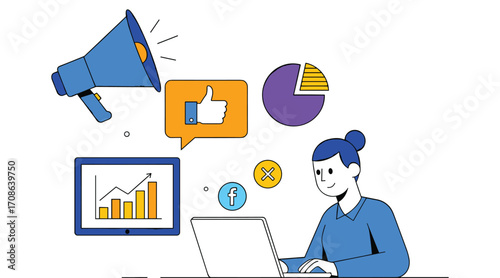 Woman working on laptop with marketing icons like megaphone pie chart and graph social media