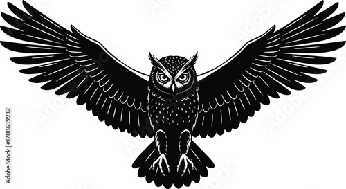 Black silhouette vector of a majestic owl with wings fully spread in frontal view, showcasing fierce eyes, detailed feathers, and symmetrical wildlife 