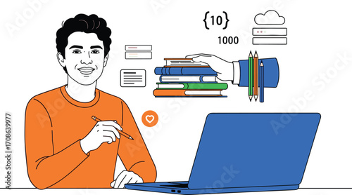 Young man in orange shirt at laptop with books and pencils person computer