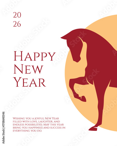 Happy New Year 2026 greeting card with horse silhouettes. Perfect for Chinese zodiac Year of the Horse, festive invitations, and holiday decoration.