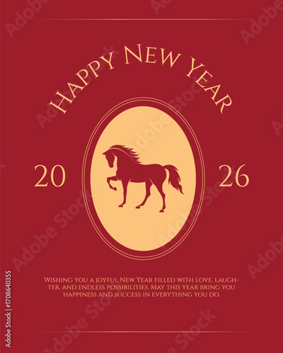 Happy New Year 2026 greeting card with horse silhouettes. Perfect for Chinese zodiac Year of the Horse, festive invitations, and holiday decoration.