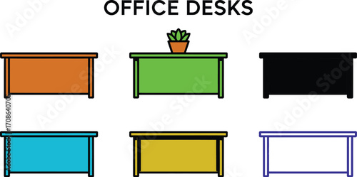 Colorful selection of modern office desks arranged for workspace design