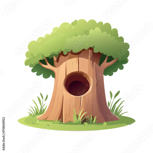 Cute cartoon hollow tree with soft wooden texture, round hole surrounded by small grass, pastel background,