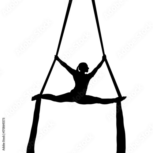 Female Gymnast Silhouette Performing Aerial Yoga Split Pose White Backdrop