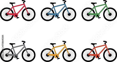 Collection of colorful bicycles lined up for outdoor adventures and healthy transportation.