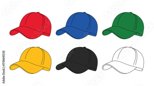 Collection of six colorful baseball caps arranged in two rows