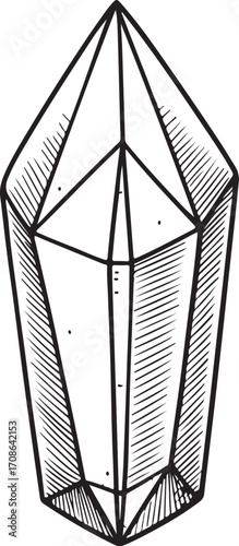 Crystal Natural Stone Amethyst Quartz Healing Amulet Vector Illustration, Sketch Drawing Line Linear Symbol Icon Engraving Coloring Book, Hand-drawn Doodle Black and White Isolated