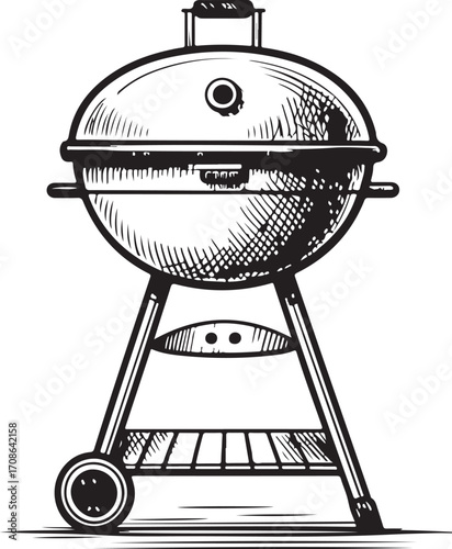 BBQ Grill for Barbecue Vector Illustration, Sketch Drawing Line Linear Symbol Icon Engraving Coloring Book, Hand-drawn Doodle Black and White Isolated