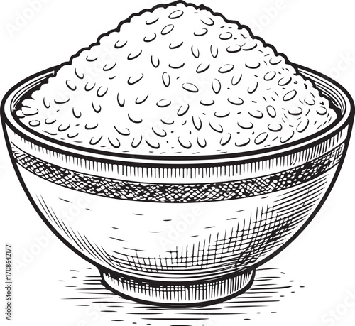 Bowl of Boiled Jasmine Rice Vector Illustration, Sketch Drawing Line Linear Symbol Icon Engraving Coloring Book, Hand-drawn Doodle Black and White Isolated
