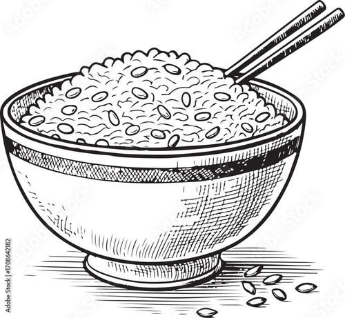 Bowl of Rice with Chopsticks Vector Illustration, Sketch Drawing Line Linear Symbol Icon Engraving Coloring Book, Hand-drawn Doodle Black and White Isolated