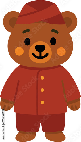 cartoon bear wearing a red traditional outfit with golden buttons and a matching red hat, smiling warmly with a friendly expression.