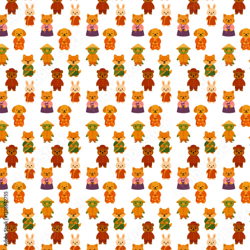 a seamless pattern of cute cartoon animals dressed in traditional Asian clothing, including a dog, cat, rabbit, bear, fox, and bird, arranged in a playful repeating design