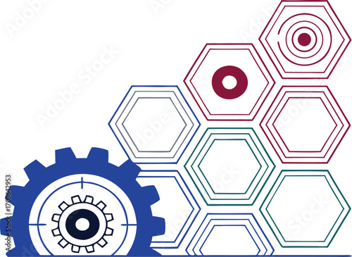 Industrial gear with abstract hexagonal pattern and line art shapes,  technology and innovation. Modern mechanical background for engineering and automation design. Clean minimal layout.