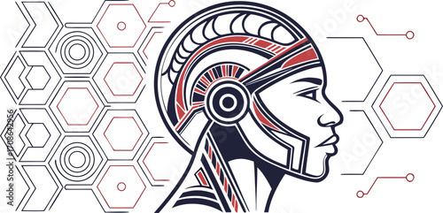 Futuristic cybernetic female profile with mechanical headgear and digital hexagon network background. Modern sci illustration AI, robotics, and technology. Clean minimal line art.