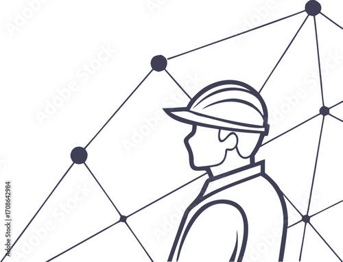 Minimalist line art of construction worker in safety helmet, modern engineering concept illustration, abstract network background design for architecture, building, and industry.
