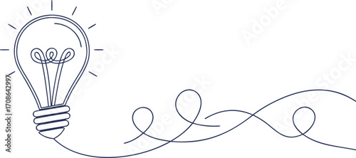 Creative continuous line drawing of light bulb with wire swirl, minimalist innovation concept illustration, modern sketch design for ideas, energy, and inspiration themes.