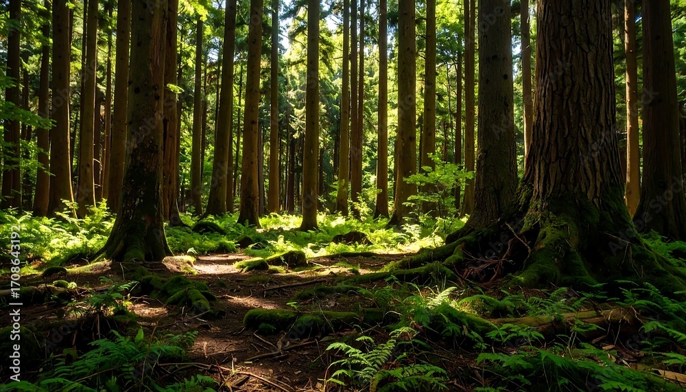 Naklejka premium Forest floor view with ferns, moss, and towering trees, bathed in sunlight
