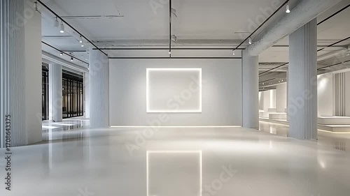 Modern Minimalist All-White Gallery Space with Platform Stage and Neon Square